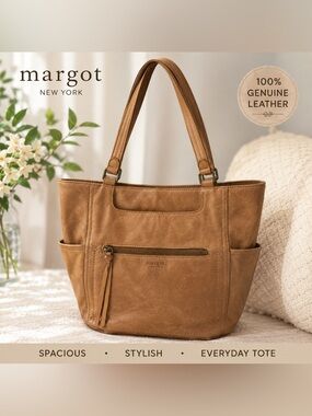 Margot New York 100% Leather Tote Bag Tan Cognac Shoulder Bag Organizer Pockets